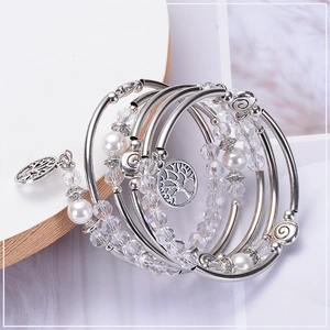 Multi-layer white crystal beaded wrap bracelet with Tree of Life pendant on silver base