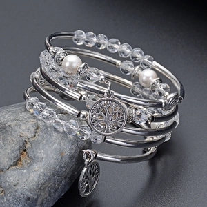 Multilayer white crystal bead bracelet with tree of life pendant on natural stone