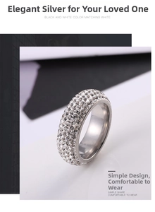 Detailed macro view of 5-row crystal paved titanium steel ring with silver finish