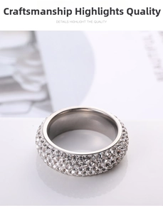 Macro view of silver titanium steel ring with four rows of sparkling pavé crystals