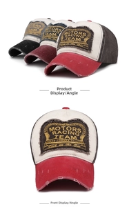 Detail of vintage washed baseball caps with distressed brims and racing patches
