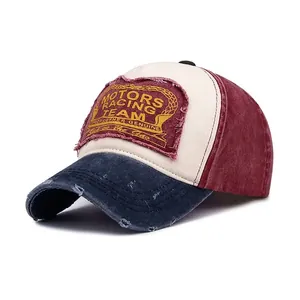 Distressed Washed Cotton Baseball Cap Vintage Motors Racing Team Patch Hat Adjustable Retro Outdoor Sun Shade
