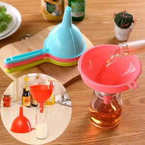 Multi-colored plastic kitchen funnel set with long handle and hanging hole for liquid transfer