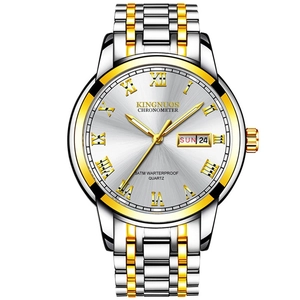 KINGNUOS Two-Tone Men's Quartz Watch with Luminous Silver Dial and Day-Date Display