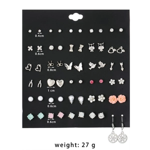 Detailed view of colorful heart and butterfly stud earring set on a display card