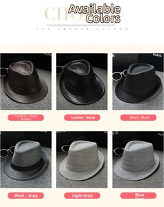 Detailed grid of wool and PU leather fedora hats in coffee, black, and grey tones