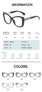 Detailed sizing chart and specifications for cat-eye square frame blue light glasses
