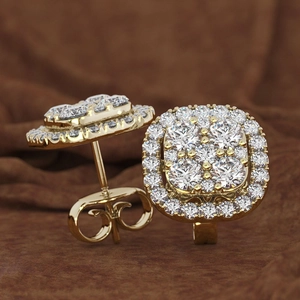 Classic square halo stud earrings with 14k gold plating and brilliant zircon stones