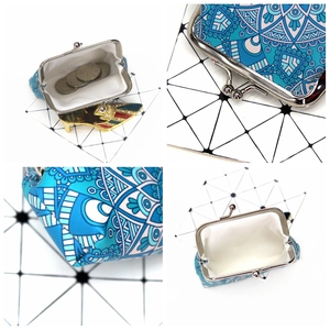 Vintage bohemian mandala print coin purse with silver metal clasp closure shown in multi-angle
