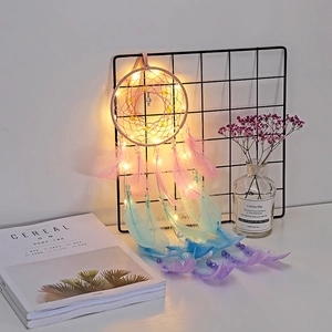 Pink and blue hot air balloon dreamcatcher with LED lights and gradient feathers