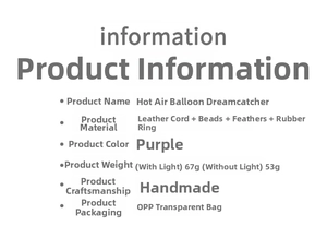 Detailed specifications of handmade purple hot air balloon dreamcatcher with feathers