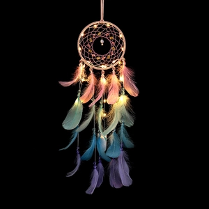Hot air balloon dream catcher with LED lights and gradient pink blue purple feathers