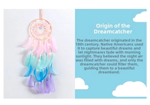 Detailed view of dreamy dreamcatcher with glowing LED lights and colorful gradient feathers
