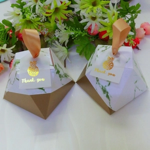 European marble diamond candy boxes with gold foil Thank You tags and silk ribbons