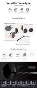 Close-up of UV400 protective lenses and 9H metal frame details for women's retro sunglasses
