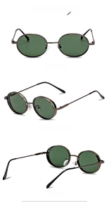 Retro oval sunglasses in gray-green tint with metal frame shown in a three-angle view
