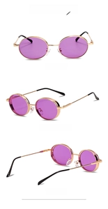 Three-angle view of vintage purple round sunglasses with gold metal frames and nose pads