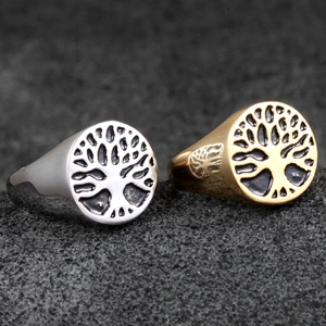 Men's stainless steel tree of life signet rings in gold and silver finish with relief texture