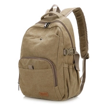 Detailed view of khaki canvas backpack with multiple functional pockets and ergonomic straps
