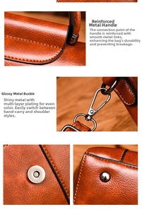 Detailed views of brown leather bag showing metal hardware, stitching and texture