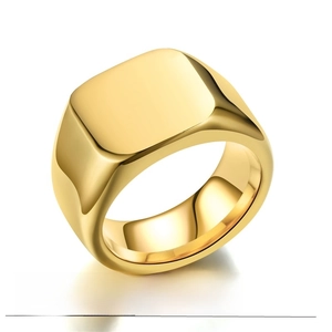 Close-up of polished 316L titanium steel square signet ring with 24K gold vacuum plating