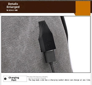 Dettaglio dello zaino in tela grigia con porta di ricarica USB integrata per gli studenti