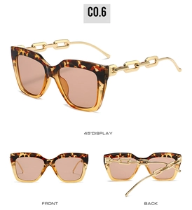 Three views of tortoiseshell oversized sunglasses with gold metal chain temples