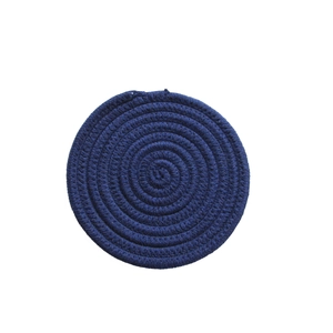 Macro view of dark blue braided cotton coaster featuring a spiral texture and durable weave