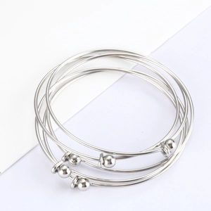 Polished stainless steel thin bangles set with sliding beads for women