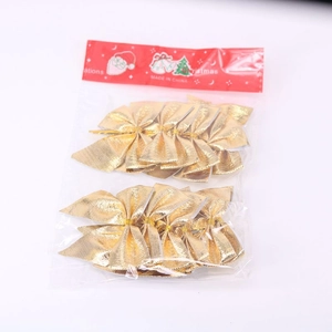 Pack of 12 gold glitter Christmas tree bows in transparent bag with festive card header
