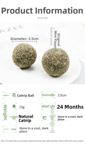 Detail view of 3.5cm natural catnip ball snack for dental health and feline entertainment