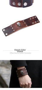 Detail view of vintage brown leather bracelet with metal skull and adjustable snap buttons