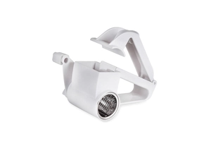 Detail view of manual rotary cheese grater with stainless steel drum and white handle