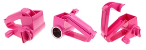 Three perspectives of a pink manual rotary cheese grater with metal shredding drums