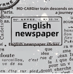 Close-up of vintage English newspaper style stickers with retro collage design detail