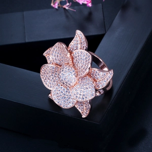 Sparkling AAA zircon flower ring in rose gold finish with pave-set petal design