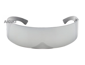 Detailed view of futuristic silver wrap-around visor sunglasses with reflective mirror lens