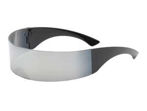 Close-up of futuristic silver mirrored lenses and black frame on cyberpunk party sunglasses