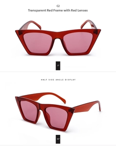 Detailsicht der transparenten roten quadratischen Cateye-Sonnenbrille mit breitem Rahmen