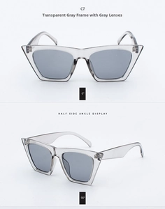 Detailansicht der transparent grauen quadratischen Cateye-Sonnenbrille mit grauen Gläsern