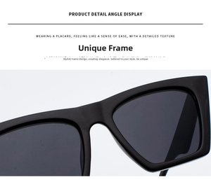 Makroaufnahme des mattschwarzen quadratischen Rahmens und Stegdetails der Retro-Sonnenbrille