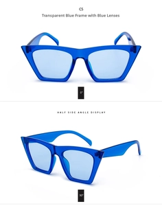 Makro-Detail der transparenten blauen Cateye-Sonnenbrille mit modisch blau getönten Gläsern