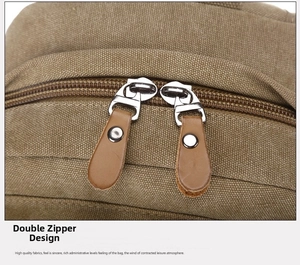 Close-up of durable canvas backpack featuring double zippers and leather pull tabs