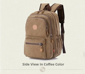 Side view of brown canvas backpack showing classic multi-pocket design and adjustable strap