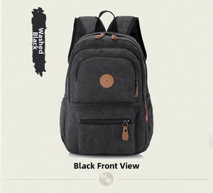 Detailed front view of washed black canvas backpack with multi-zipper pockets and star logo