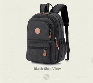 Side view of black canvas backpack showing large capacity and multi-pocket structure