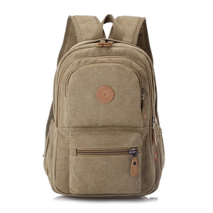 Versatile khaki canvas backpack for men and women featuring a front star logo emblem