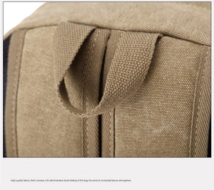 Macro detail of khaki canvas backpack showing sturdy stitching and top handle texture