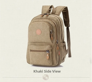 Detailed side view of khaki canvas backpack featuring durable fabric and side pocket