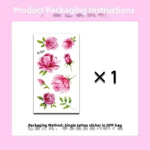 Detailed view of waterproof pink rose tattoo sticker with watercolor floral design